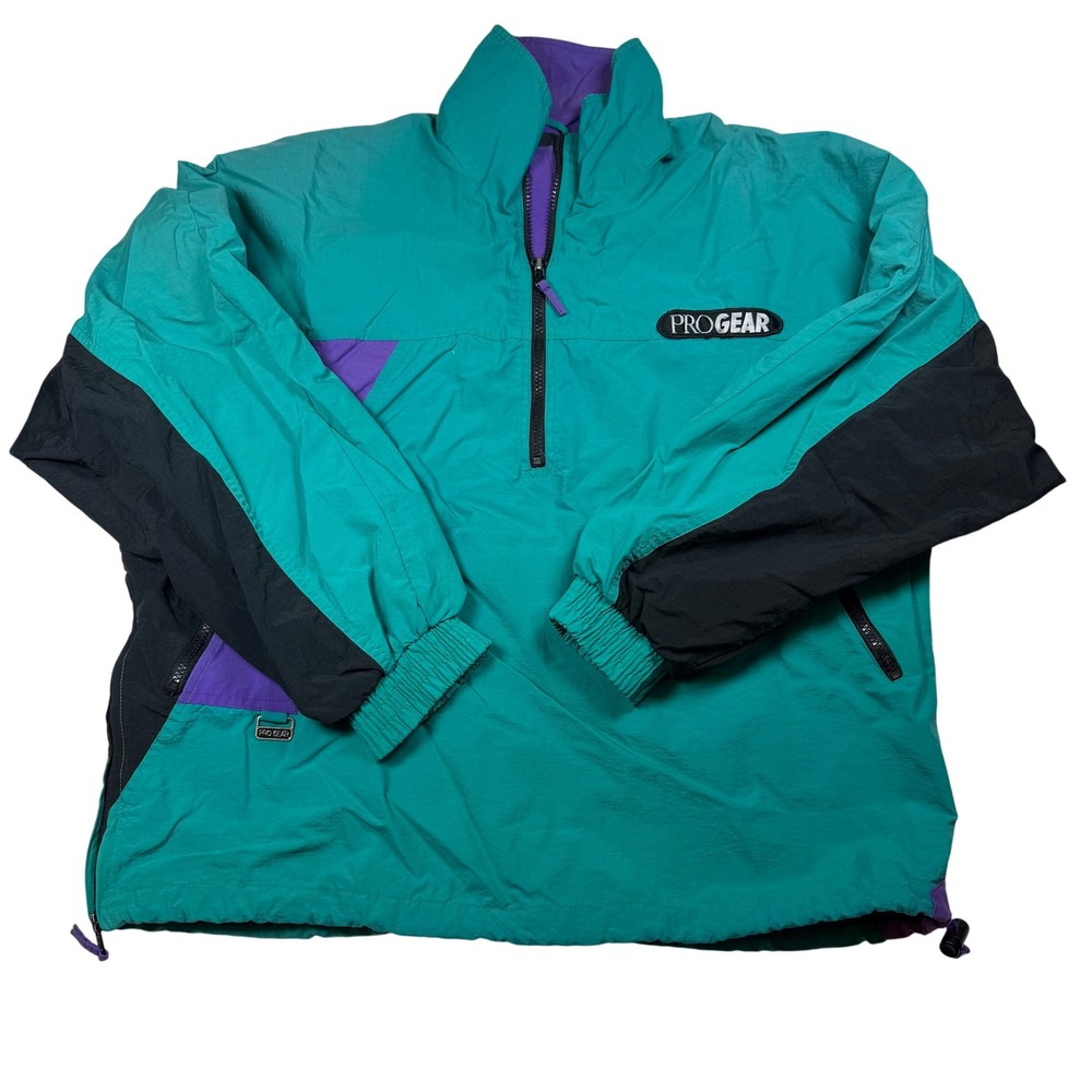 Vtg ProGear Nylon Anorak Jacket Mens Medium Colorblock Teal Purple Windbreaker